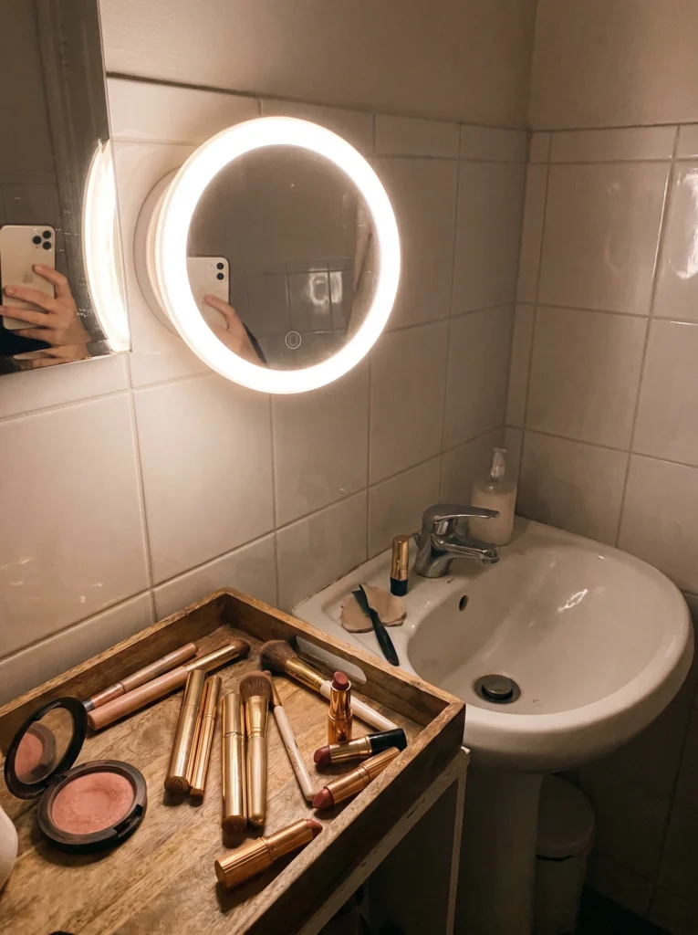 A round LED-ringed vanity mirror glowing warm white, mounted on white tile above a small corner sink, with a wood tray of gold makeup tubes and brushes below and a soap dispenser by the basin