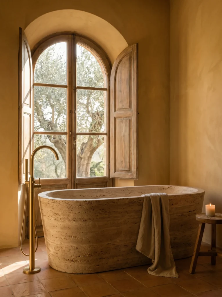 Freestanding travertine soaking tub beneath a tall arched window with wood shutters, an olive tree outside, brass floor filler, and a draped linen towel