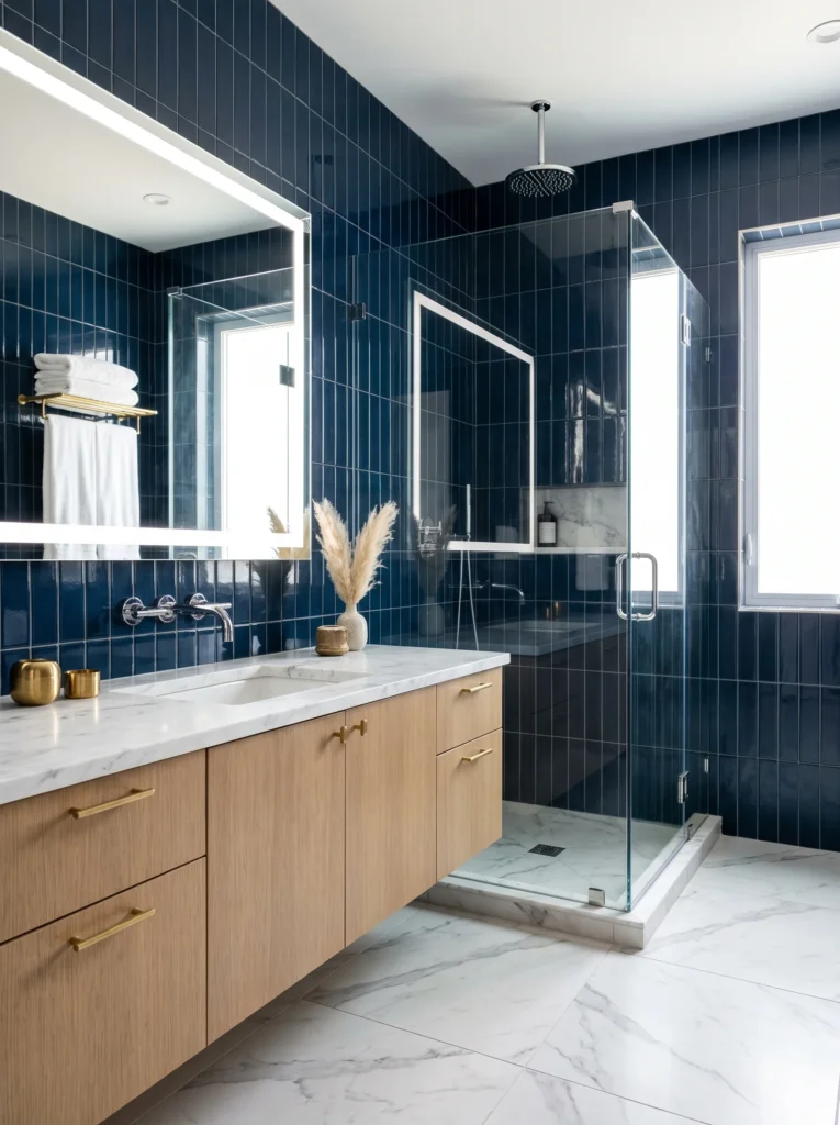 refined bathroom with deep navy blue vertical tiles, white marble counter and floor, white oak vanity, large lit mirror, glass shower