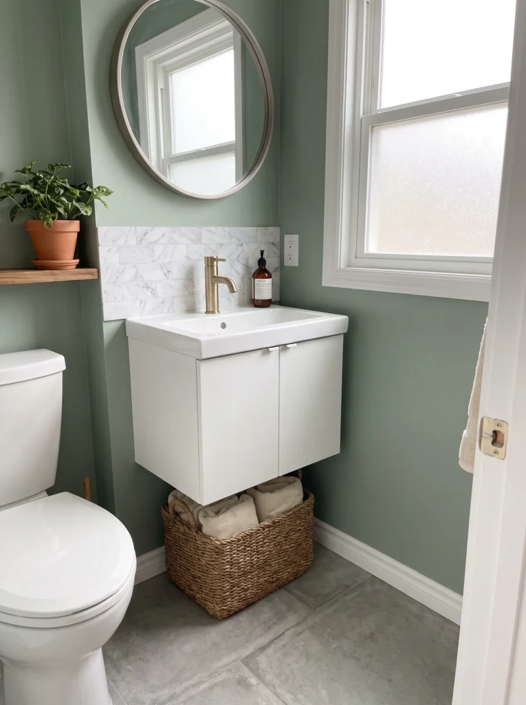 Sage green bathroom with white floating vanity, round mirror, marble peel-and-stick backsplash, brushed gold faucet, and woven basket