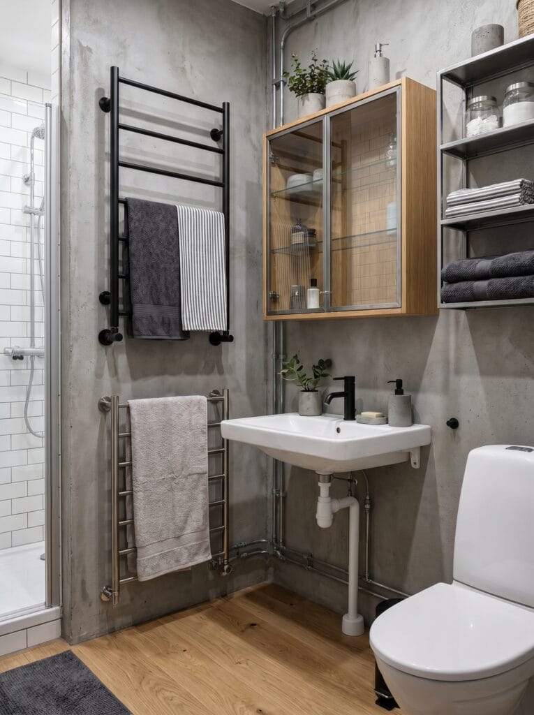 small industrial bathroom with concrete walls, exposed pipes, two heated towel ladders, a wood-and-glass cabinet, metal shelving, and folded gray towels