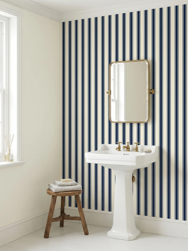 a vertical striped wallpaper feature wall behind a white pedestal basin with brass fixtures, the rest of the walls painted plain