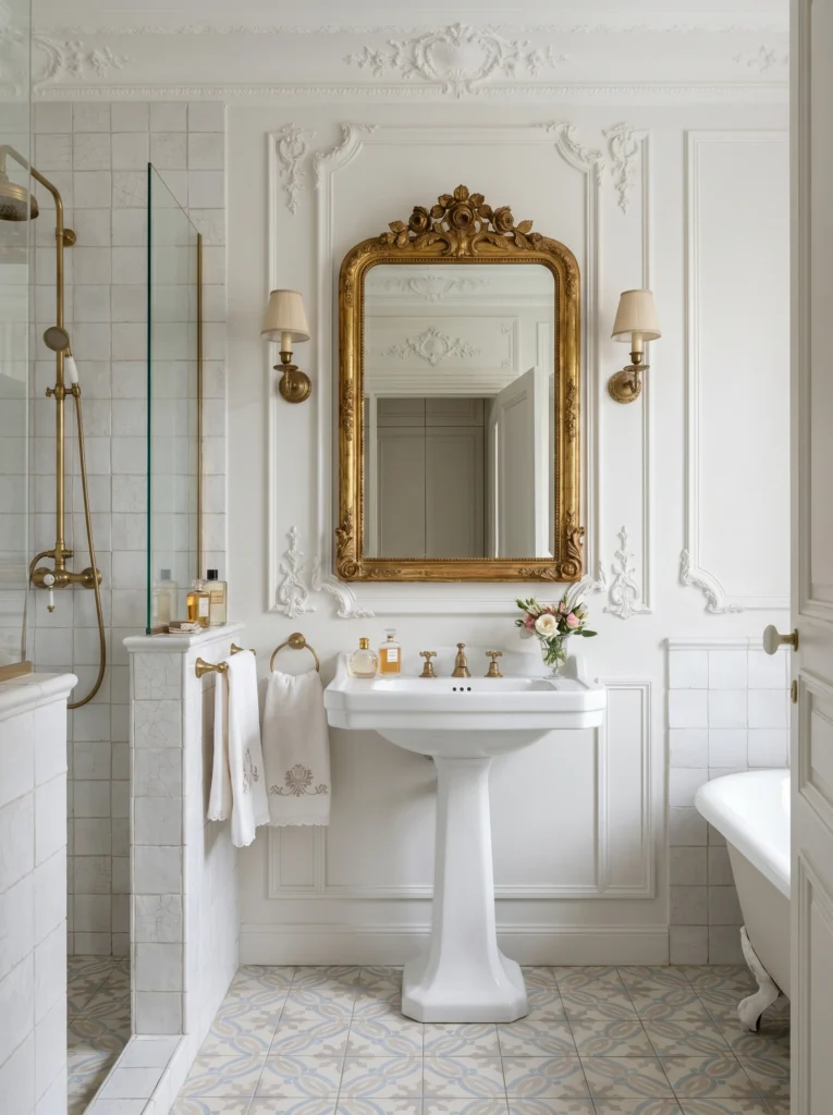 Parisian bathroom with ornate white wall molding, gold antique mirror, pedestal sink, and patterned floor.