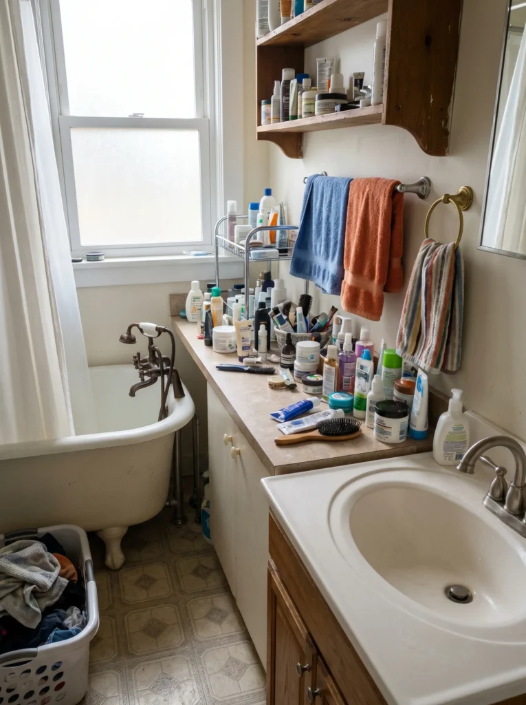 Cluttered small bathroom with a crowded counter and mismatched towels showing common decorating mistakes.