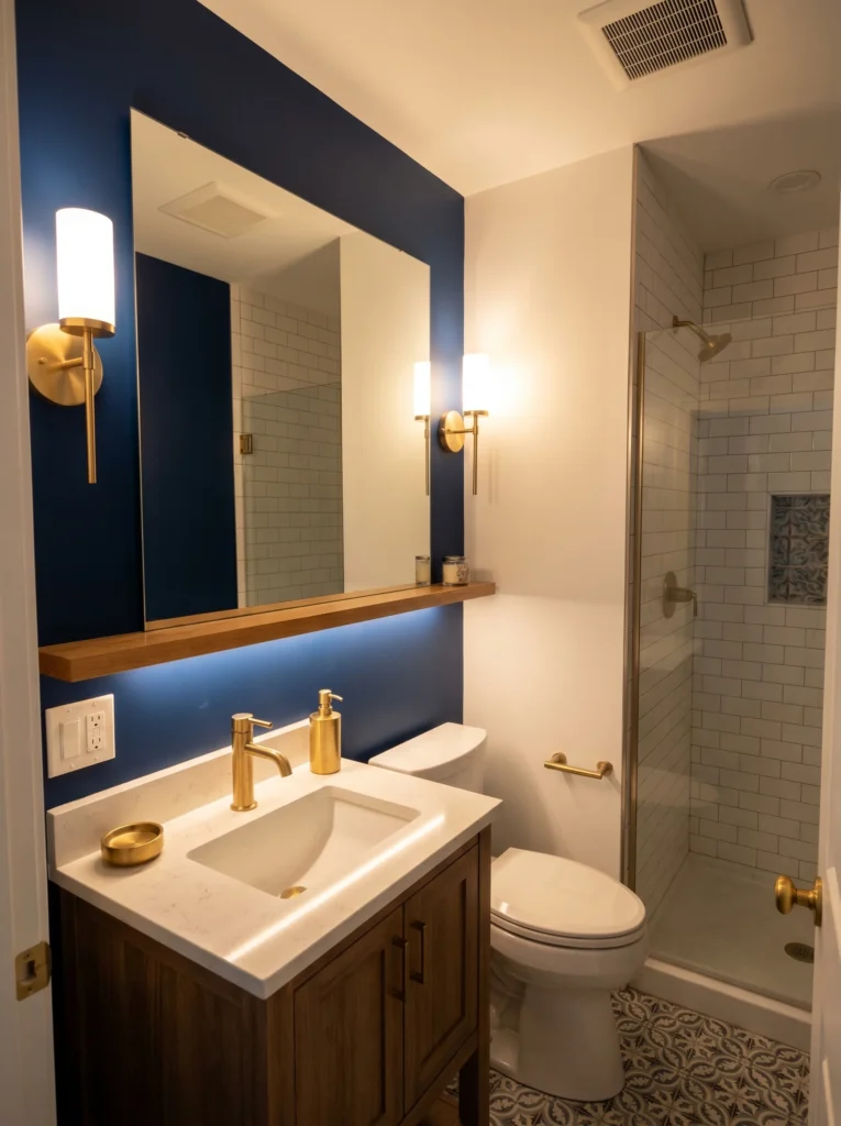 small windowless bathroom with one navy accent wall, white walls elsewhere, a large mirror, brushed gold sconces, and warm LED lighting reflecting around the space. alt text: small windowless bathroom with single navy accent wall, white walls, large mirror, and warm gold lighting
