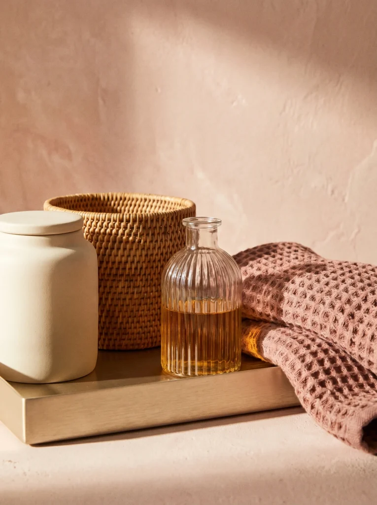 Mixed bathroom textures including rattan, matte ceramic and fluted glass in pink and gold