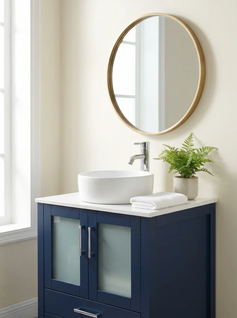 Deep navy 24-inch vanity with frosted glass cabinet doors, round white vessel sink, and large round gold-framed mirror.