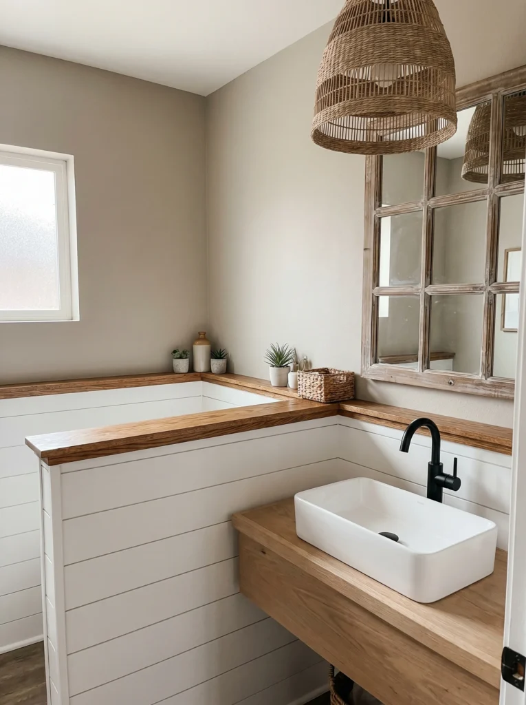 corner farmhouse bathroom with white shiplap walls, light oak trim caps, a floating oak vanity holding a white rectangular vessel sink, black faucet, and a wood-framed windowpane mirror under a rattan pendant