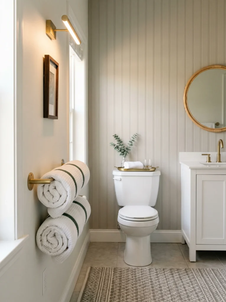 Soft sage bathroom with vertical beadboard, brass towel bar holding striped rolled towels, framed art, round cane mirror, white vanity, patterned runner