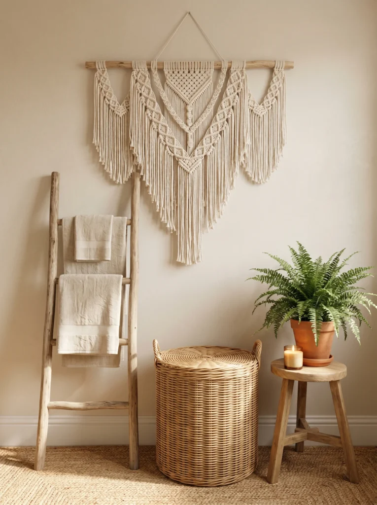 Boho bathroom vignette with a large cream macramé wall hanging, weathered wood towel ladder, lidded rattan basket, potted fern on a wood stool, and a jute rug