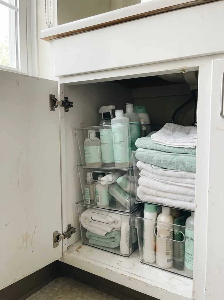 An open under-sink cabinet fitted with clear stackable bins holding folded white and mint towels, spray bottles, and toiletries, with more bottles tucked around the pipes, lit by a nearby window