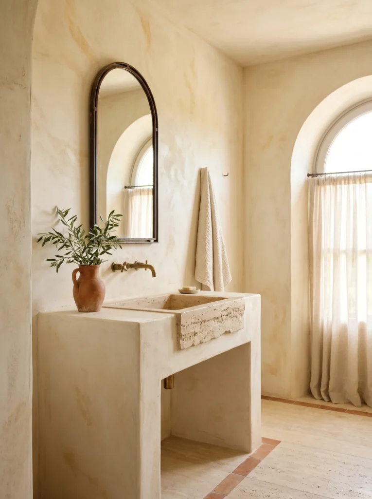 Light Tuscan bathroom in warm cream Venetian plaster with a travertine sink, arched iron mirror, terracotta jug with olive branches, and linen curtains