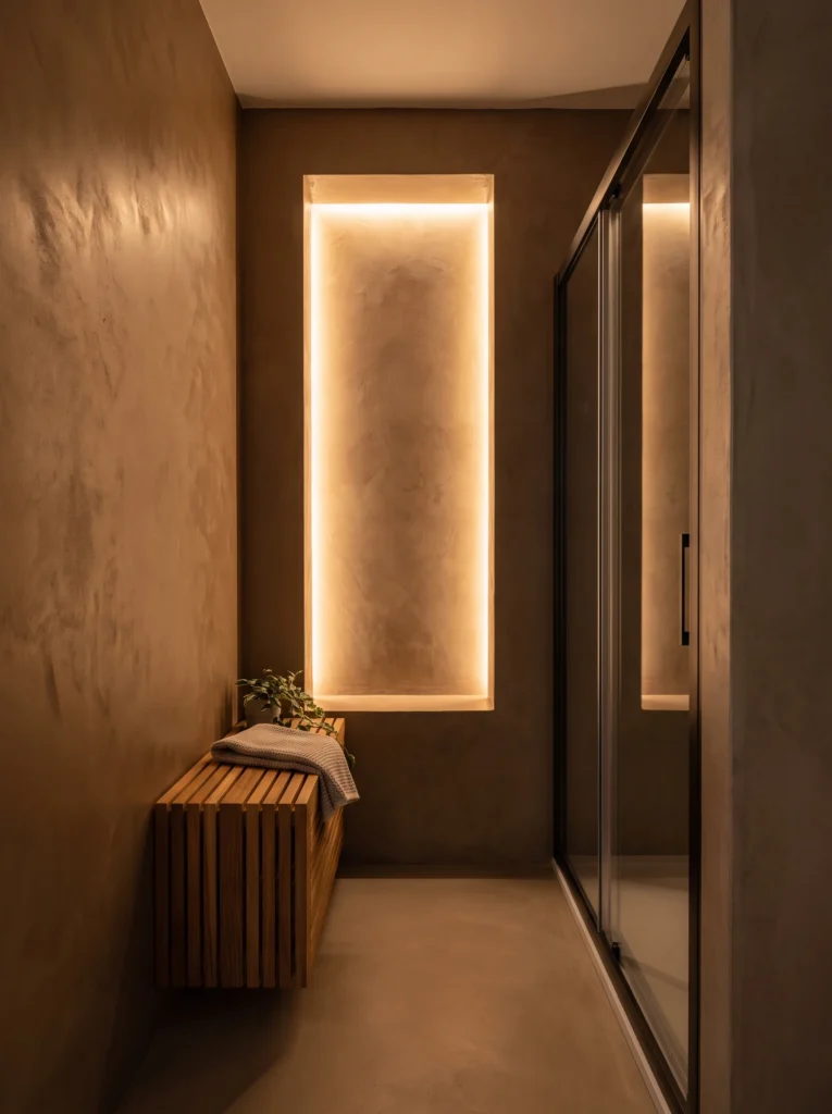 Backlit Plaster Niche with a Floating Teak Bench