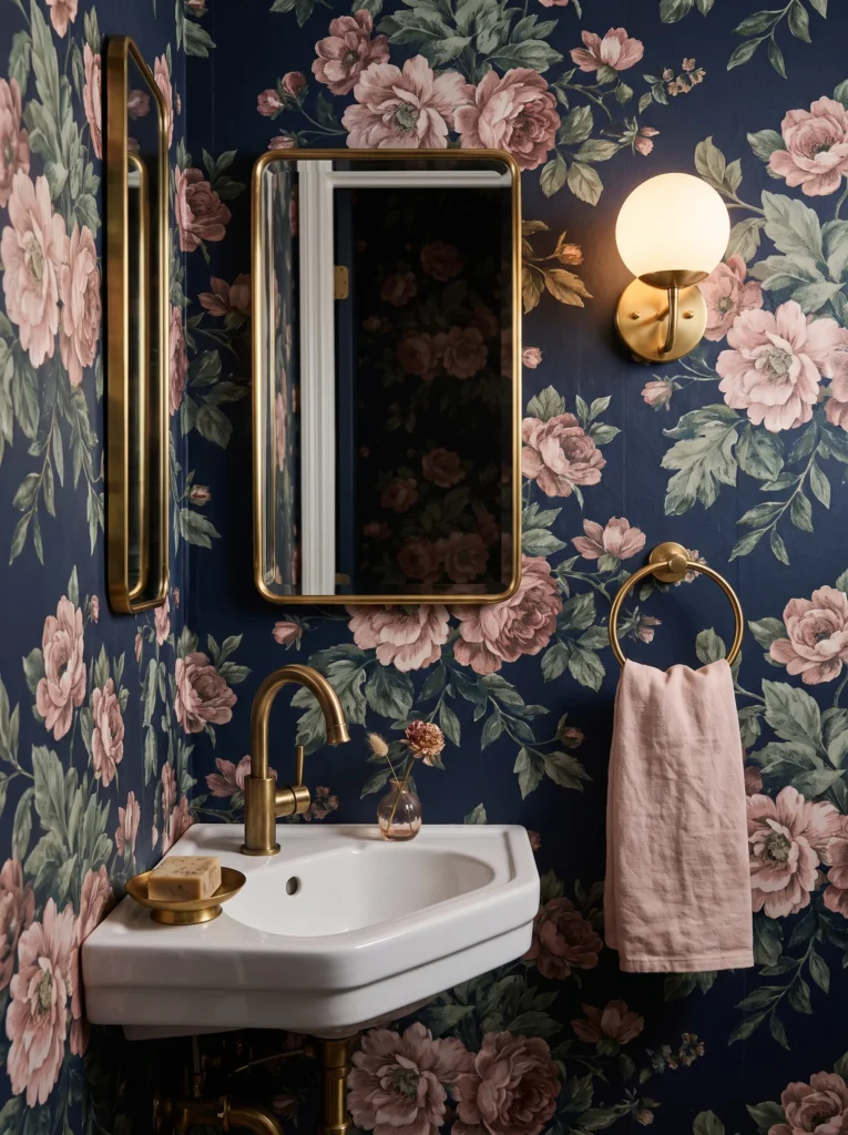tiny powder room with dark navy floral wallpaper, brass mirror, brass sconce, and corner sink