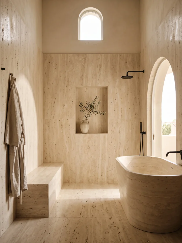 warm minimalist bathroom fully wrapped in honed ivory travertine with a built-in bench, stone tub, arched window, olive branch in a niche