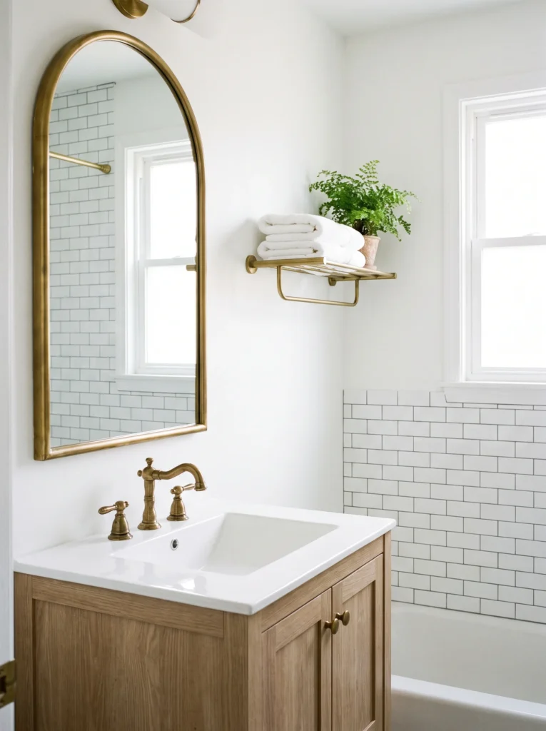 Bright white bathroom with light oak vanity, white sink, arched brass mirror, vintage brass faucet, and brass towel shelf with a fern