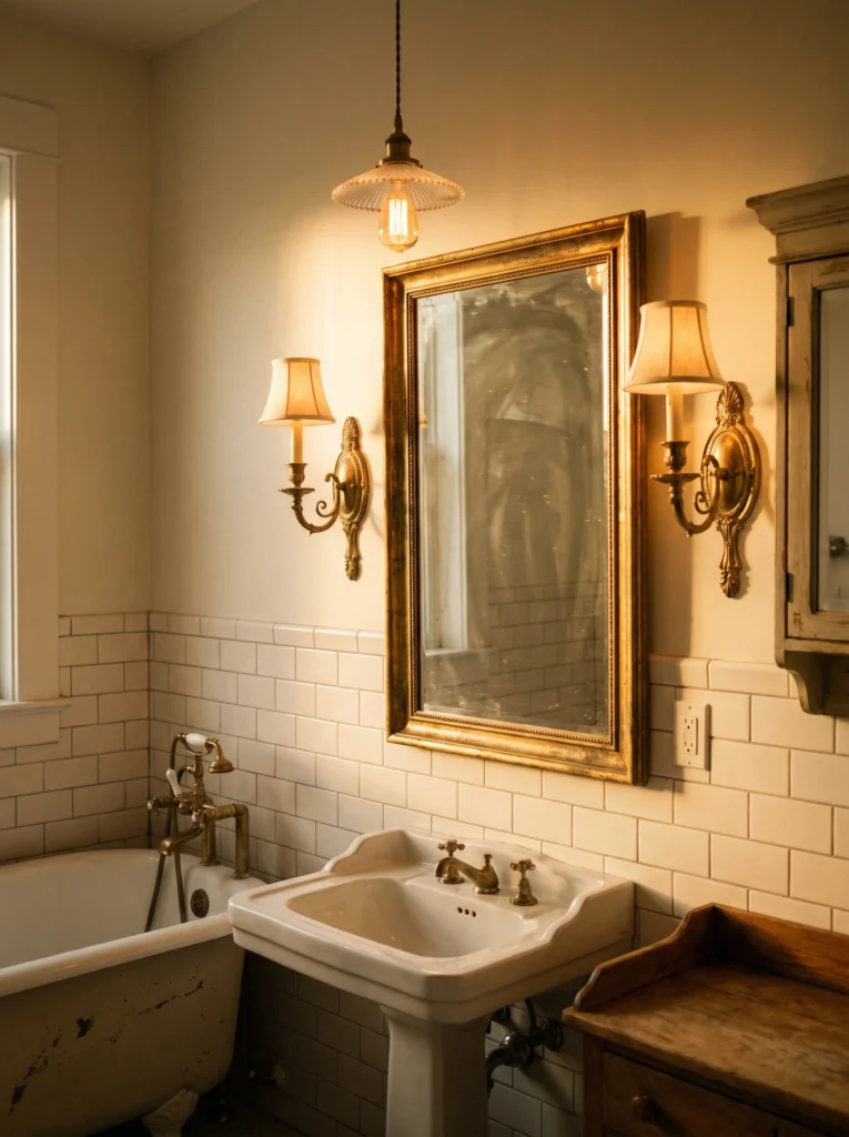 a vintage bathroom with two brass wall sconces flanking a framed mirror and a small pendant light, all casting warm 2700K light