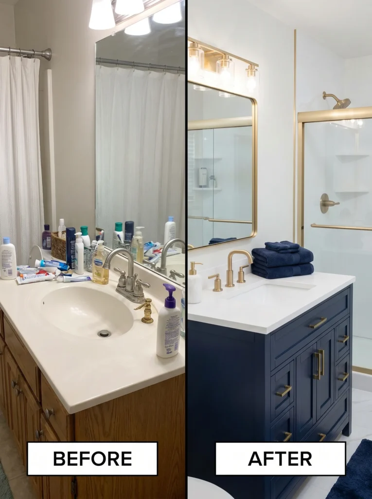 A split image comparing a cluttered bathroom with mismatched silver and gold fixtures against a clean version with matching brushed gold and balanced navy. alt text: before and after bathroom comparison showing mixed metals corrected to matching brushed gold fixtures with navy