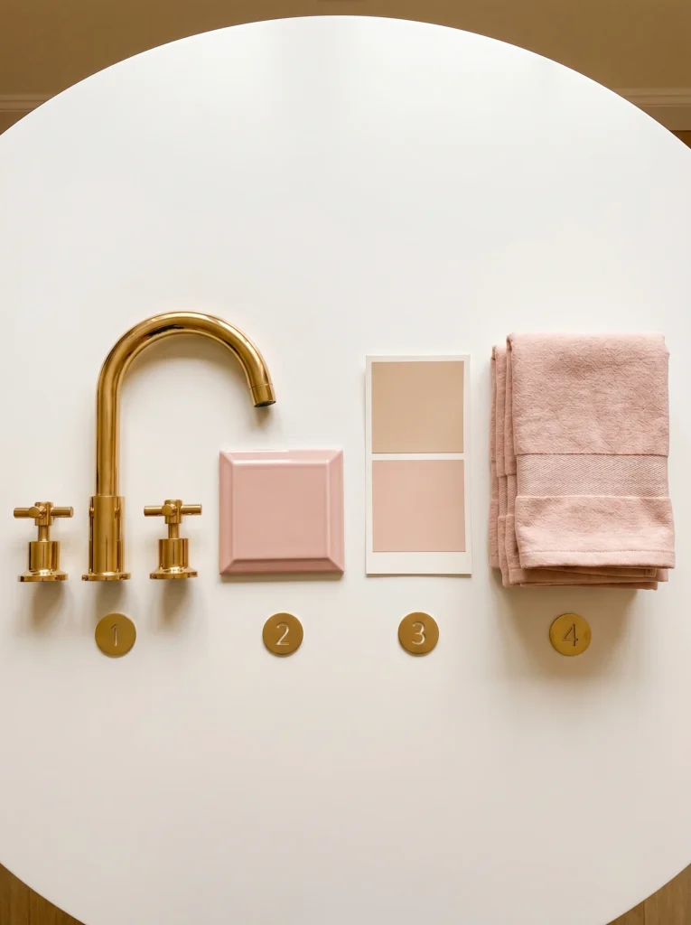 Pink and gold bathroom shopping checklist laid out in buying order from fixtures to towels