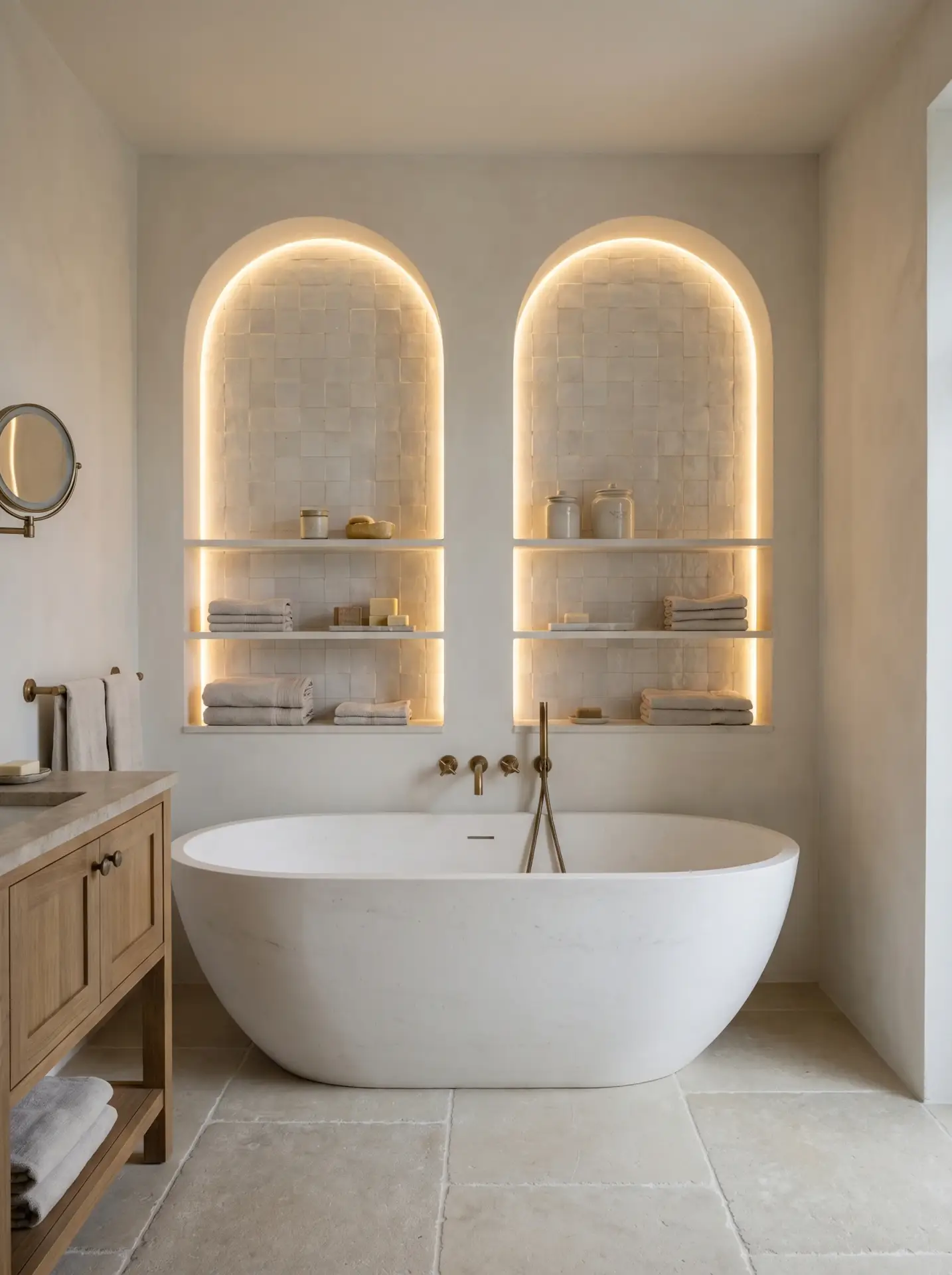 Built-in niches around the tub add custom detail to a small bathroom