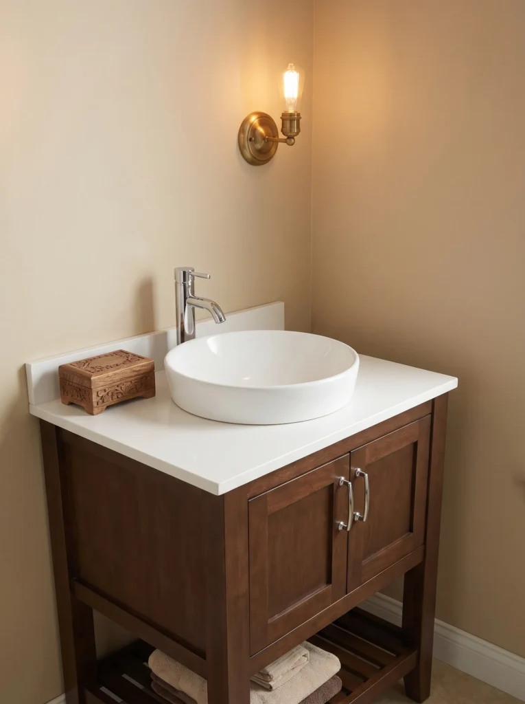Walnut brown 24-inch vanity with a round white ceramic vessel bowl, white quartz top, and brass Edison wall sconce.