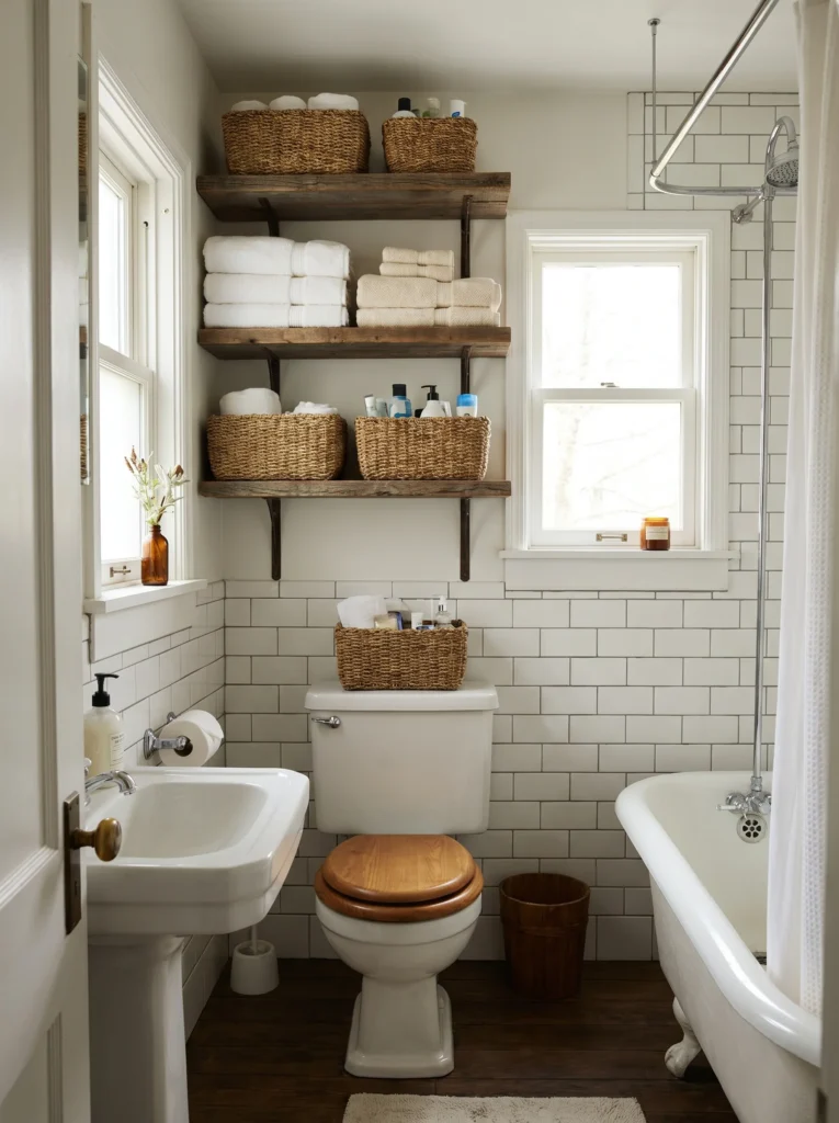 small bathroom with shelving mounted above the toilet holding folded towels and baskets
