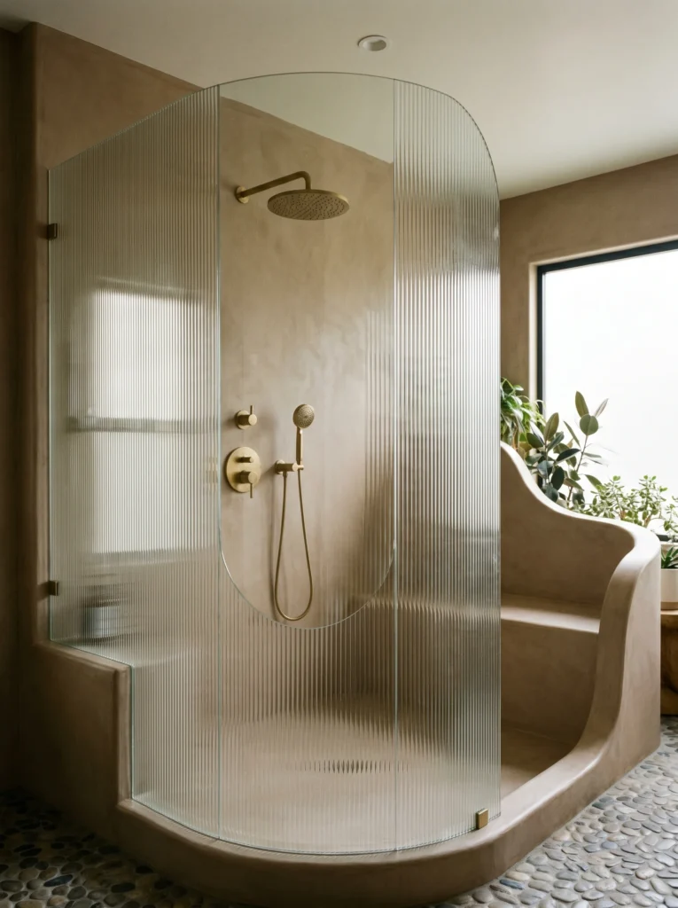 A walk-in shower with an arched recessed niche tiled in glossy white zellige, surrounded by warm beige microcement, a brushed brass rainfall head and handheld, a rustic wood stool, natural sponges, a bright skylight overhead