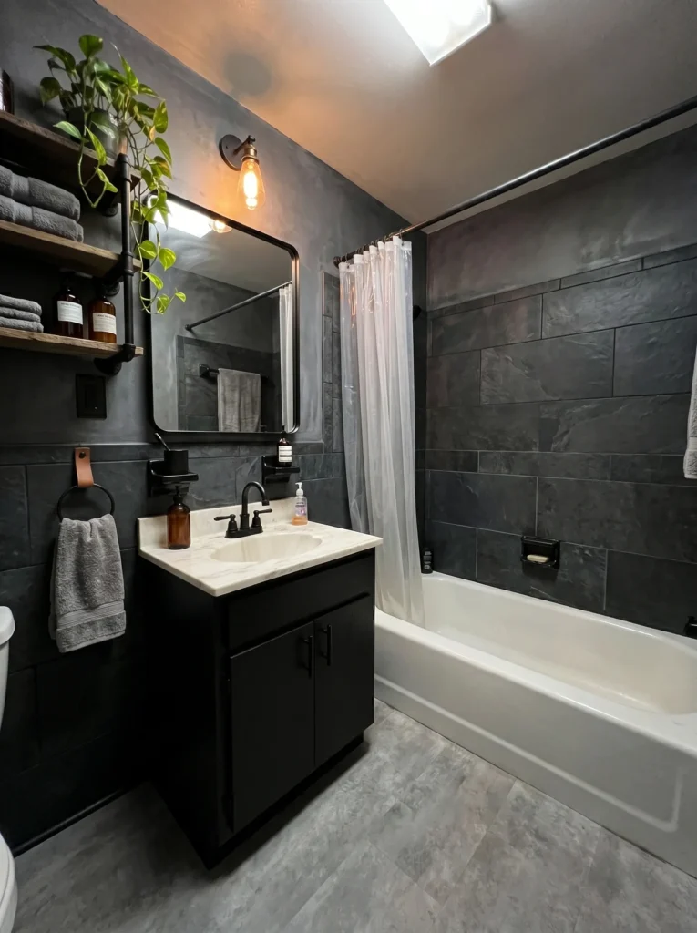 After photo of the same bathroom transformed with charcoal walls, slate-look tile, a black vanity, Edison sconces, and pipe shelving
