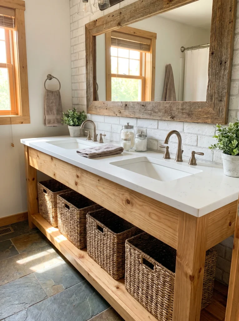 rustic farmhouse double vanity in knotty pine with a white quartz top, two undermount sinks, brushed nickel faucets, four woven baskets on the lower shelf, a large barnwood mirror, white brick wall, and slate floor