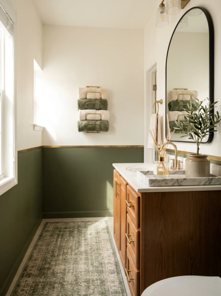 Bathroom with cream upper walls and olive green lower walls split by a brass strip, wood vanity, black arched mirror, towel rack, green vintage runner