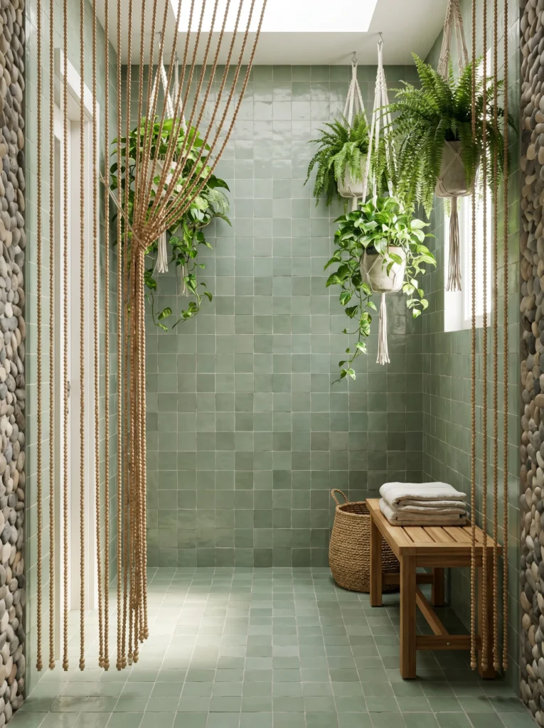 Sage green tiled walk-in shower room with wooden bead curtain, multiple hanging ferns and pothos in macramé hangers, river-stone accent walls, and a teak bench