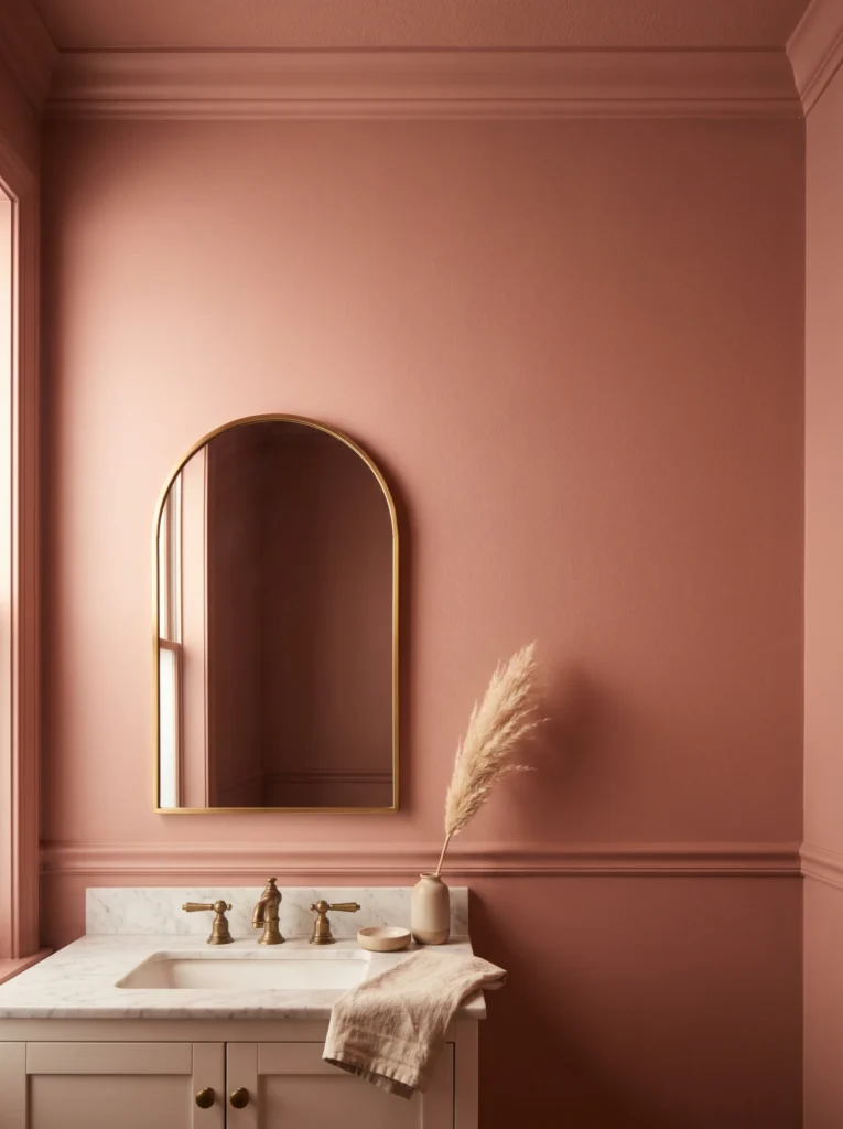 Powder room drenched in warm dusky rosy pink on walls trim and ceiling, marble vanity top, gold arched mirror, brass faucet, dried pampas stem in a ceramic vase, and a folded linen towel