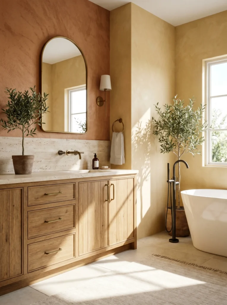 Refreshed Tuscan bathroom with a light oak vanity, terracotta accent wall, travertine backsplash, brass fixtures, olive trees, and a modern soaking tub