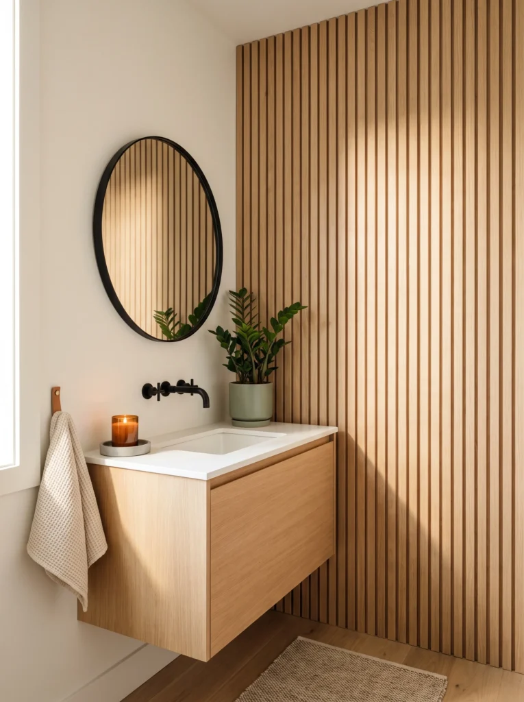 modern guest bathroom with vertical oak slat accent wall, oak floating vanity, round black mirror, and black faucet