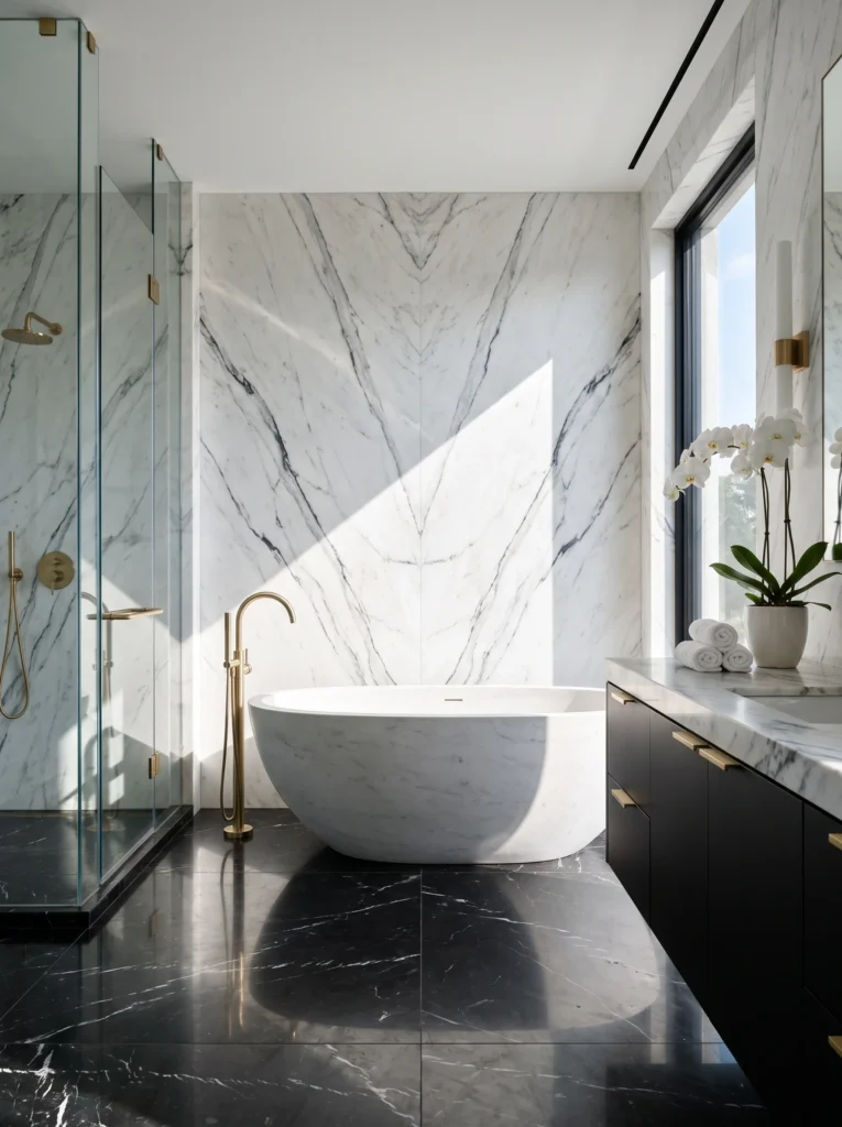 dramatic bathroom with book-matched white marble walls with grey veining, black marble floor, white stone tub, brushed gold tub filler, glass shower