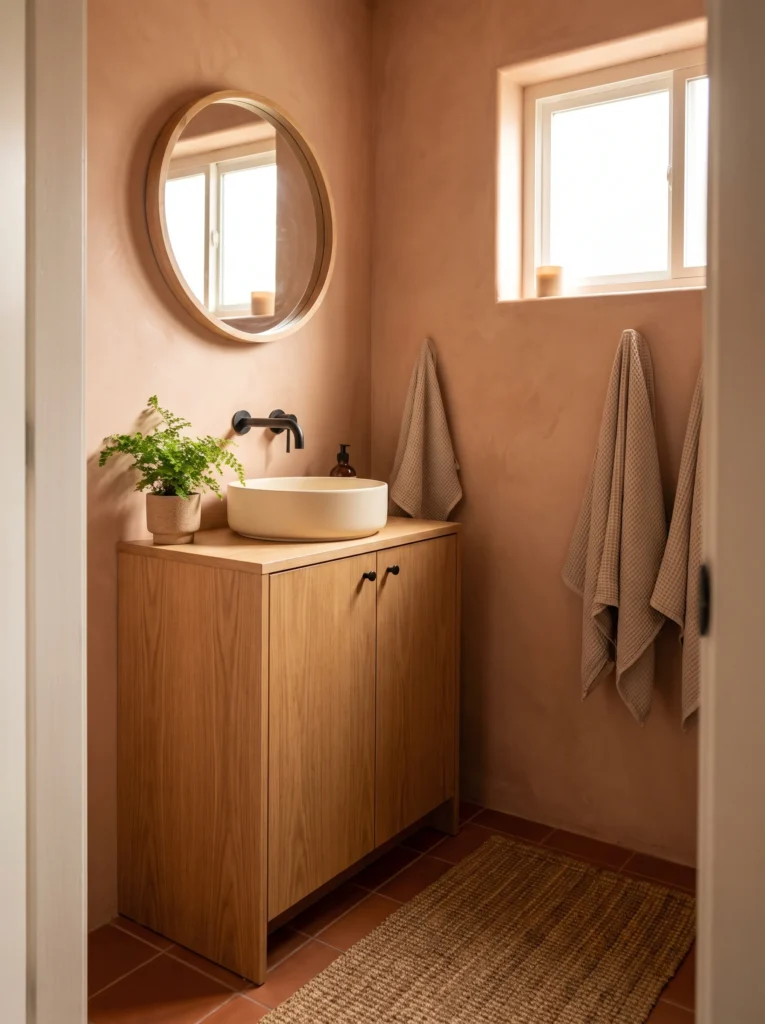 Warm terracotta bathroom with light wood vanity cabinet, cream vessel sink, wall-mounted black faucet, round wood mirror, and terracotta floor tile