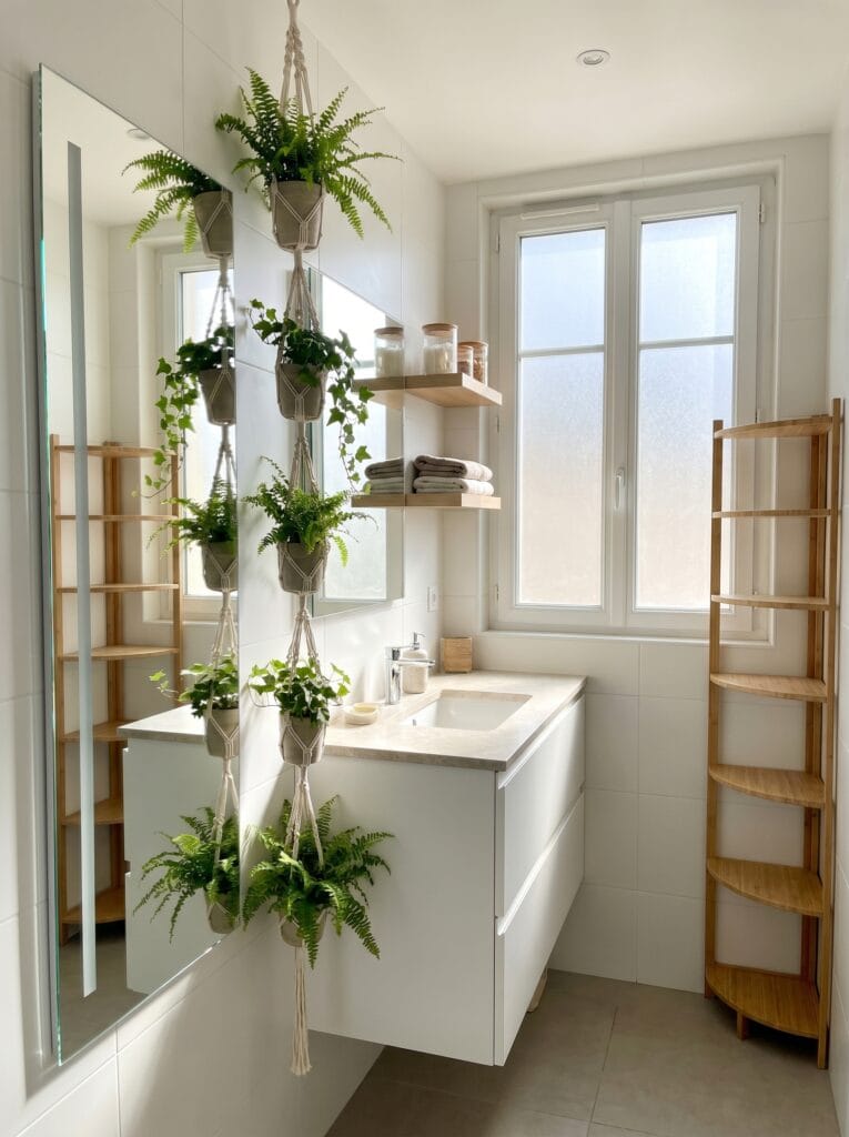 bright white bathroom with a vertical macramé plant hanger of cascading ferns and ivy in front of a large mirror, floating wood shelves, and curved bamboo corner shelves