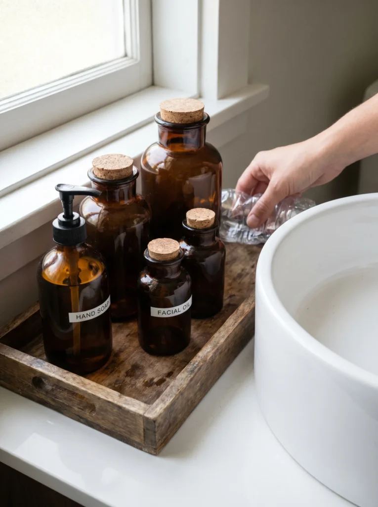 amber glass apothecary bottles and a soap dispenser arranged on a small tray beside a bathroom basin, hiding plastic packaging