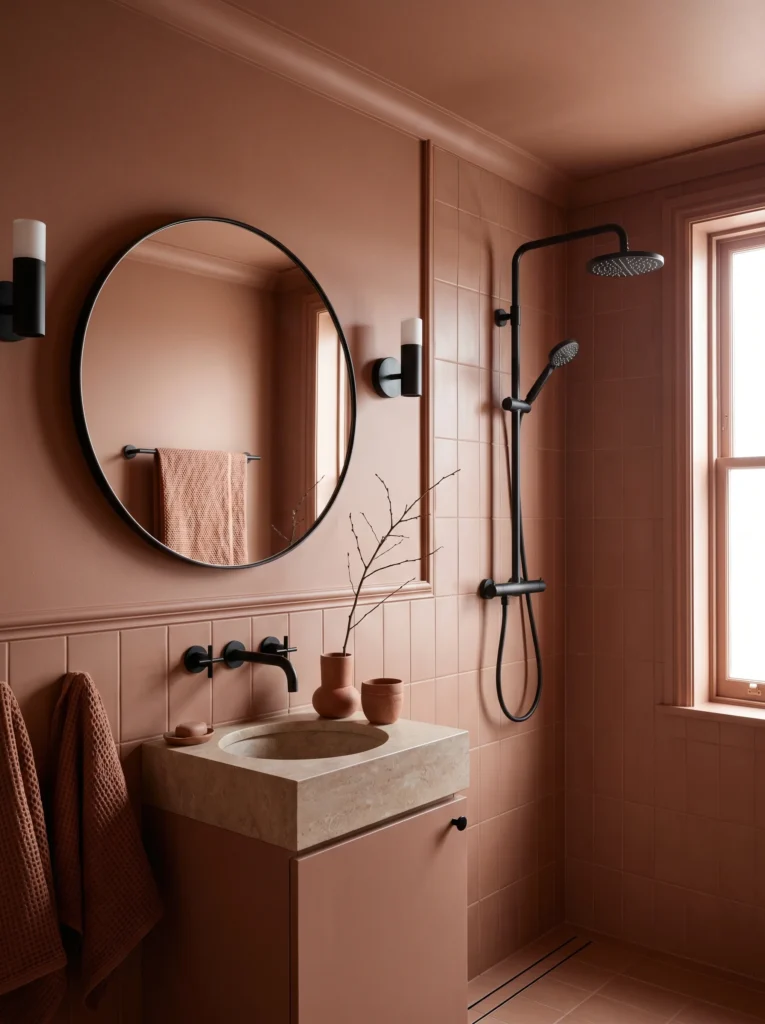 Terracotta pink bathroom with black round mirror, black fixtures, stone sink, and tiled shower.