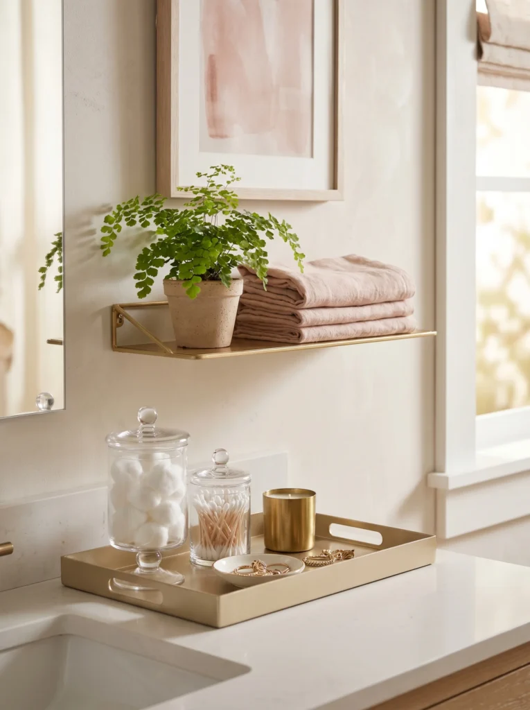 Styled pink and gold bathroom counter with gold tray, glass jars and floating shelf