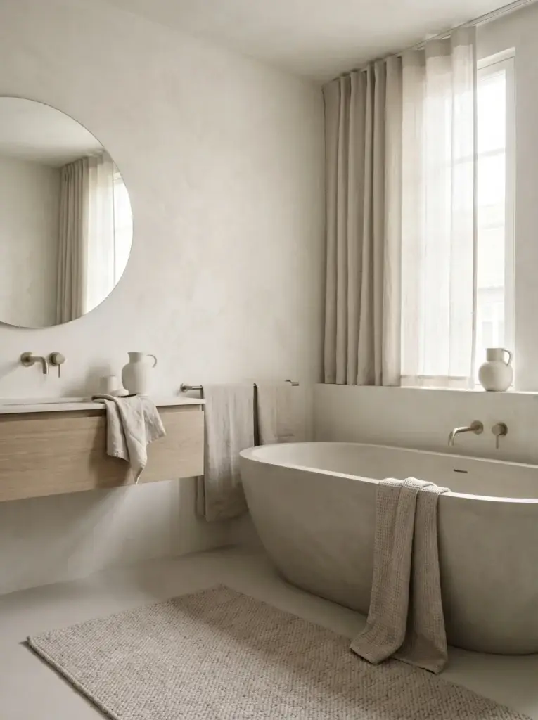 Soft monochrome styling makes a small bathroom with a freestanding tub feel larger