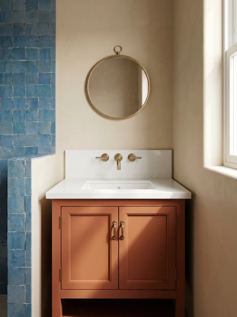 Clay-orange 24-inch shaker vanity with white quartz countertop, undermount sink, wall-mounted brass faucet, blue zellige tile column, and a round brass mirror.