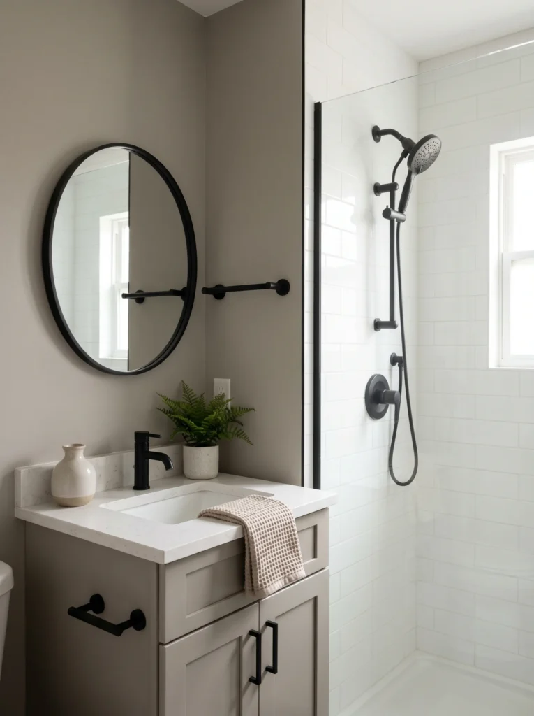 finished small bathroom makeover with matching black fixtures, neutral paint, and minimal styling