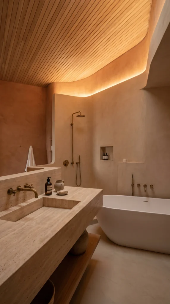 A close-up of a fluted natural oak floating vanity with a honed cream stone counter, undermount sink, wall-mounted brushed brass cross-handle taps, a round brass mirror above, a folded linen towel, a small woven basket