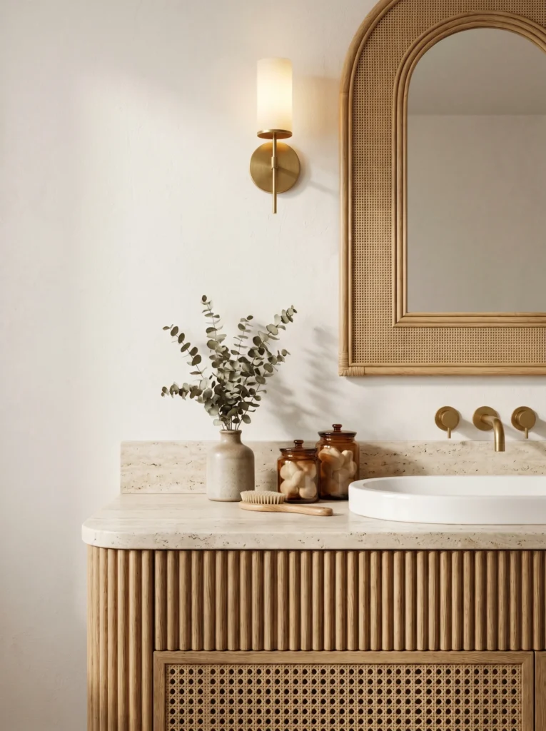 Close-up of a boho vanity with a fluted wood front, cane lower cabinet, travertine counter, arched cane-framed mirror, brass fixtures, eucalyptus, and amber apothecary jars