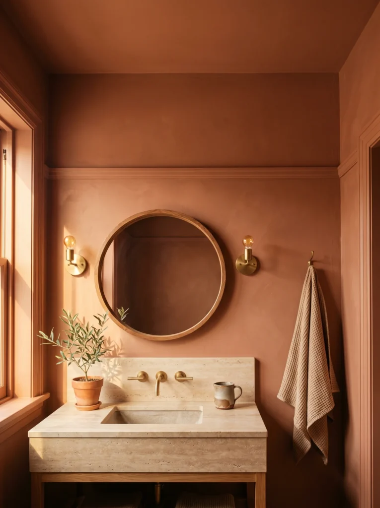 Bathroom drenched in warm smoky terracotta on walls and ceiling, travertine stone vanity with integrated sink, round wood-framed mirror, two brass sconces with exposed bulbs, potted olive tree, and a waffle towel