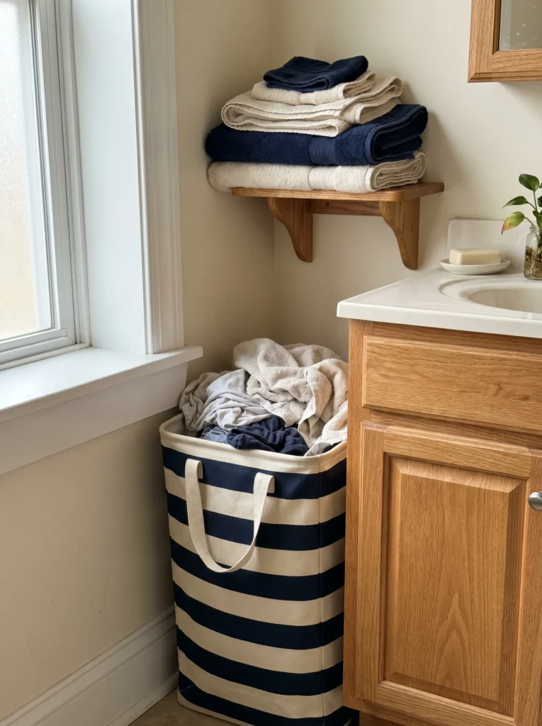 A navy and cream striped collapsible laundry hamper with rope handles tucked between a window and an oak vanity, partly filled with towels and clothes, with folded navy and tan towels on a wooden wall shelf above