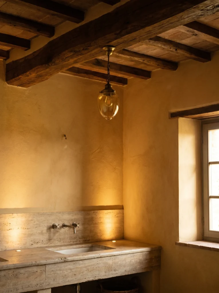 Tuscan bathroom with rough-hewn dark wood ceiling beams, an amber glass and brass pendant light, ochre plaster walls, and a travertine counter