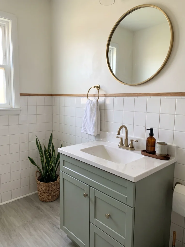 real-life guest bathroom with sage green vanity, white square tile, brass round mirror, and snake plant in a basket