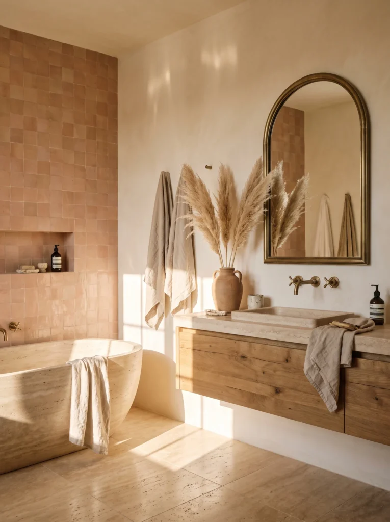 serene travertine bathroom with a built-in bench, recessed niche holding an olive branch, curved stone tub, arched doorway to a terrace